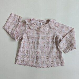 Jacadi Paris Liberty Baby Cotton Blouse 12 Months Pink Ruffle Neck Long Sleeves